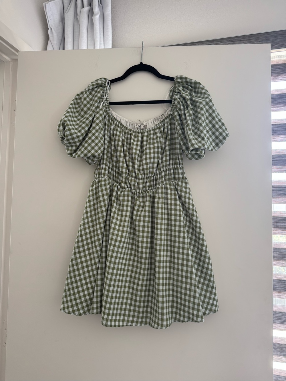 Gingham Puff-Sleeve Mini Dress - Sage Green
